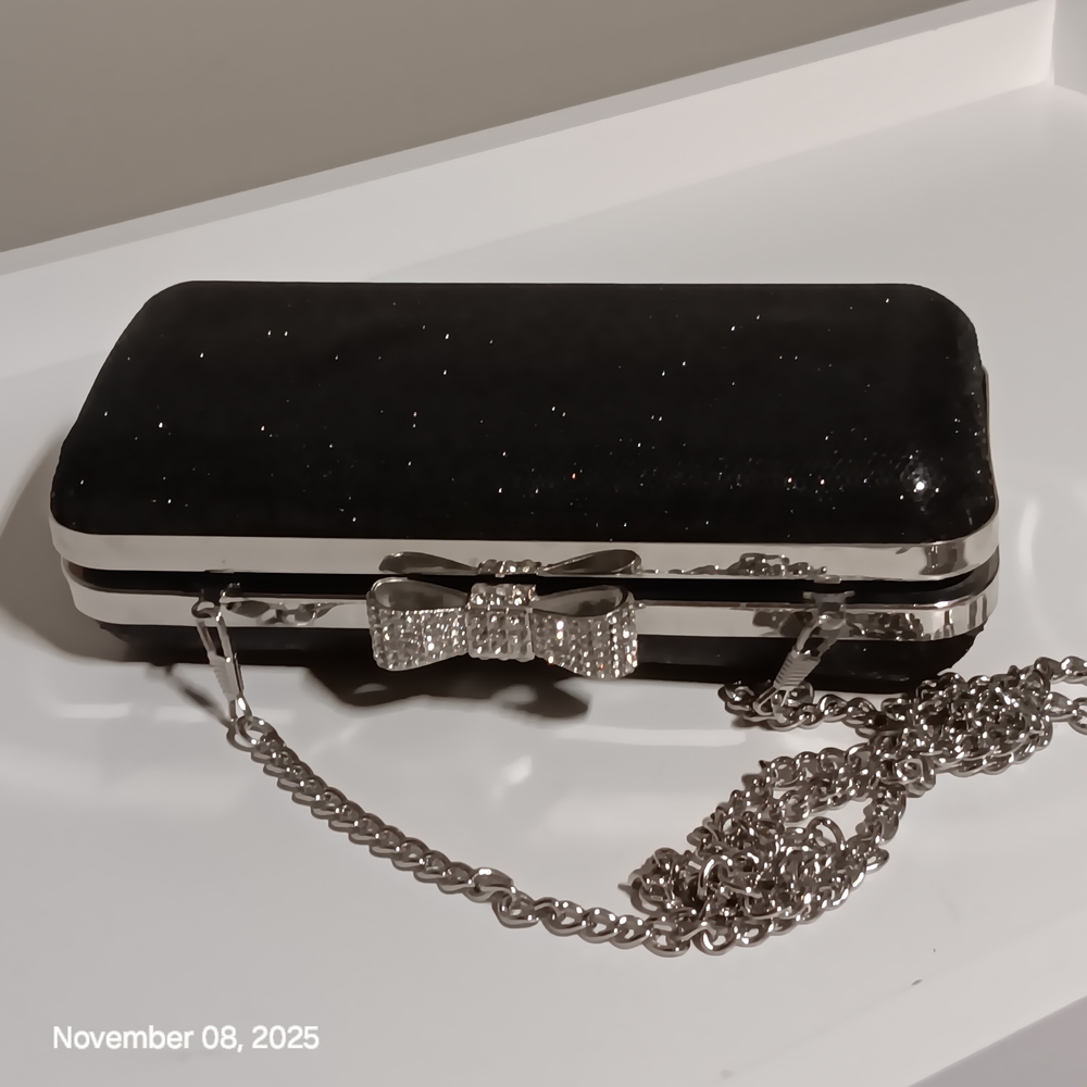 Jessica McClintock Black Clutch Crossbody  with Silver Bow Clasp